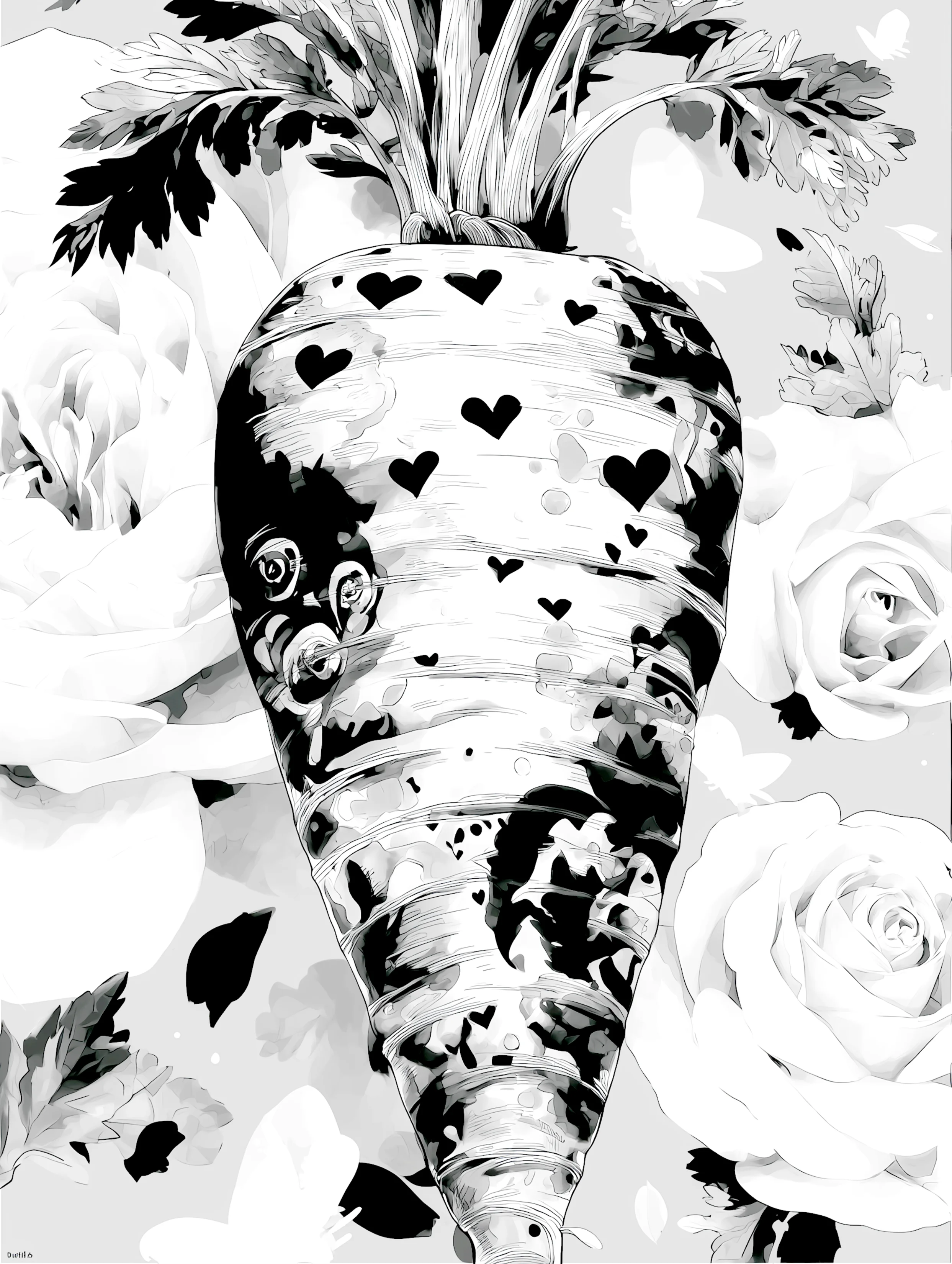 Free printable carrot coloring page for adults featuring small hearts single carrot